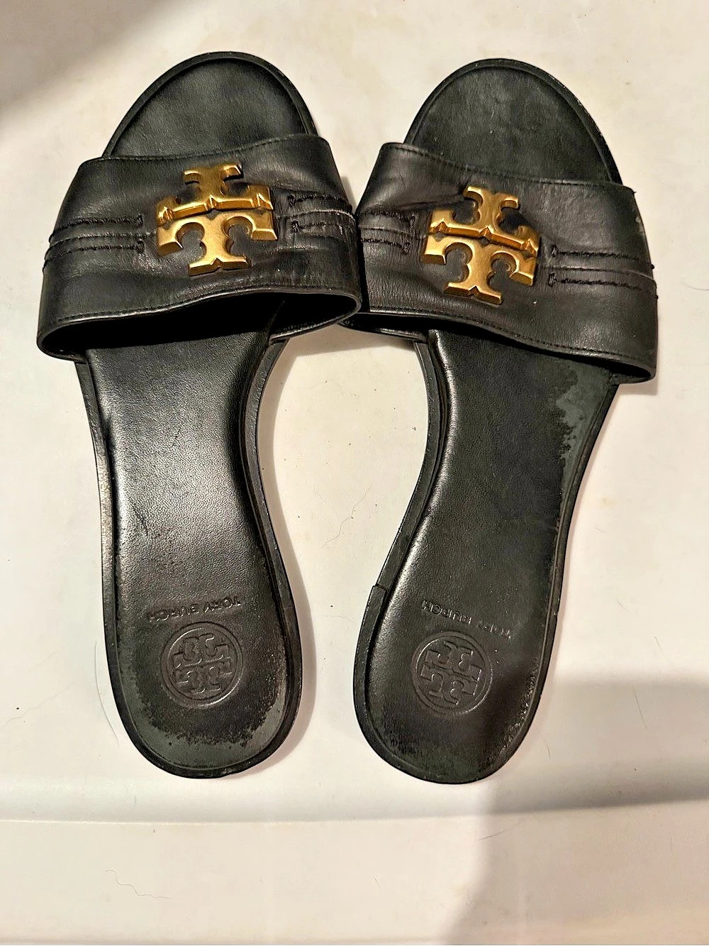 Tory Burch Double T Sport Slide Black Leather Sandals US 8.5